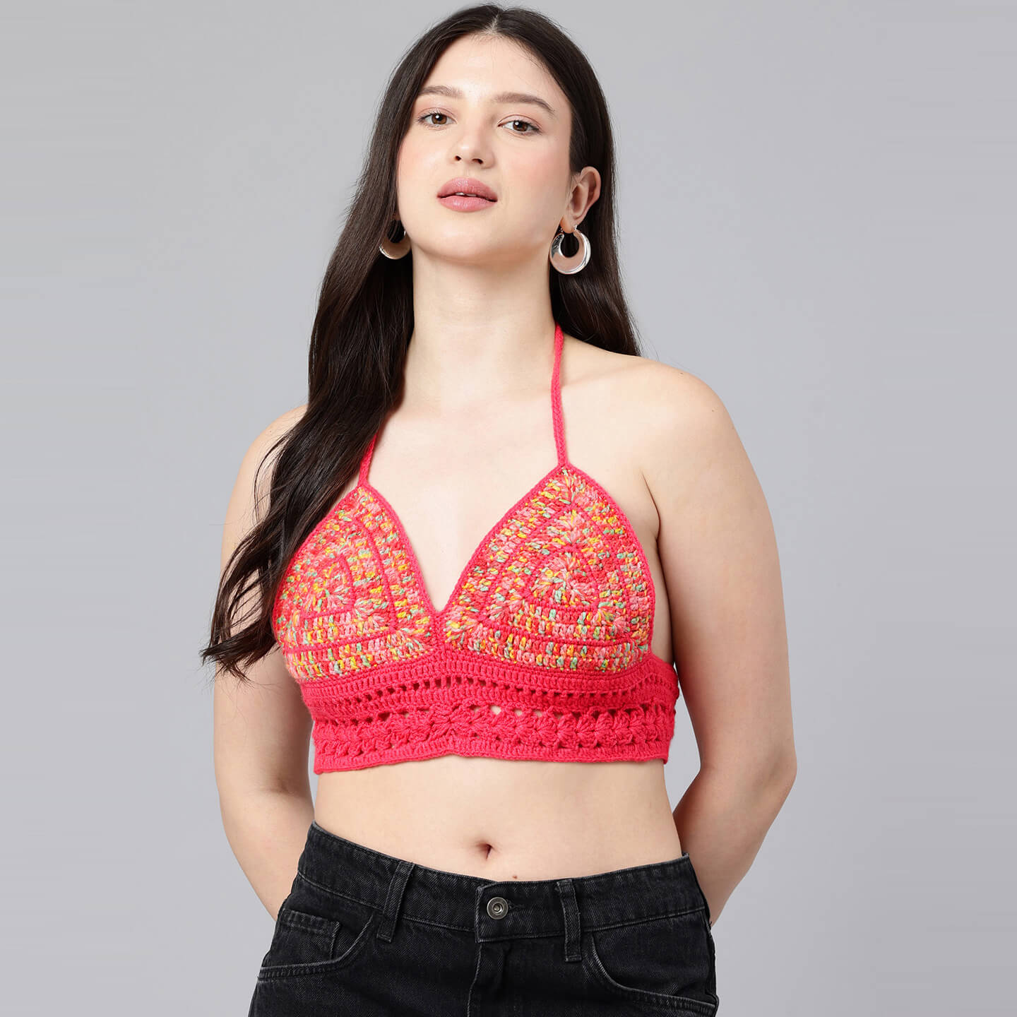 Summer Crochet Bralette Tie Back Sleeveless Top - Coral Red 10569