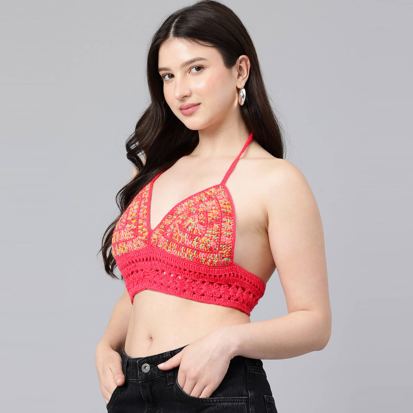 Summer Crochet Bralette Tie Back Sleeveless Top - Coral Red 10569