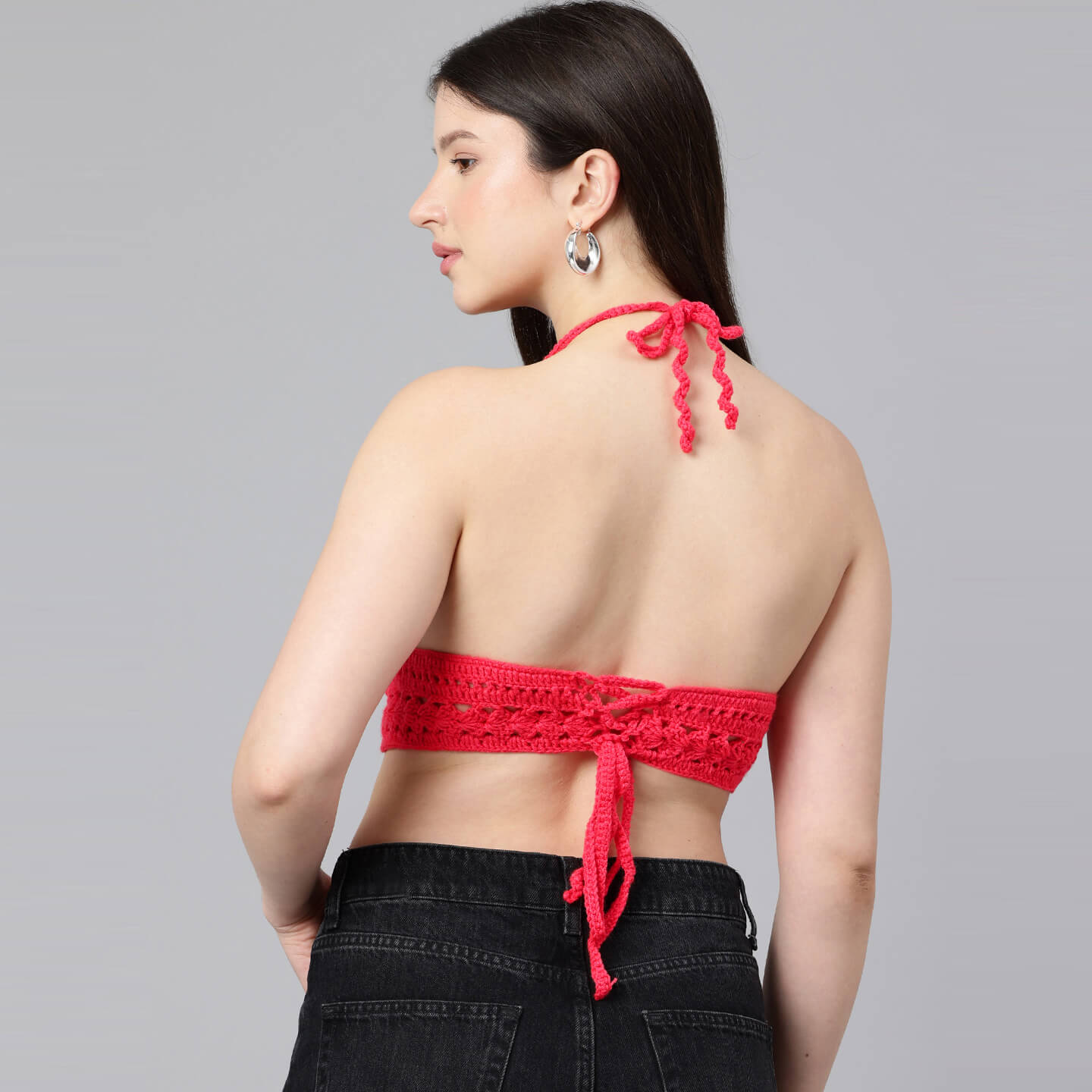 Summer Crochet Bralette Tie Back Sleeveless Top - Coral Red 10569