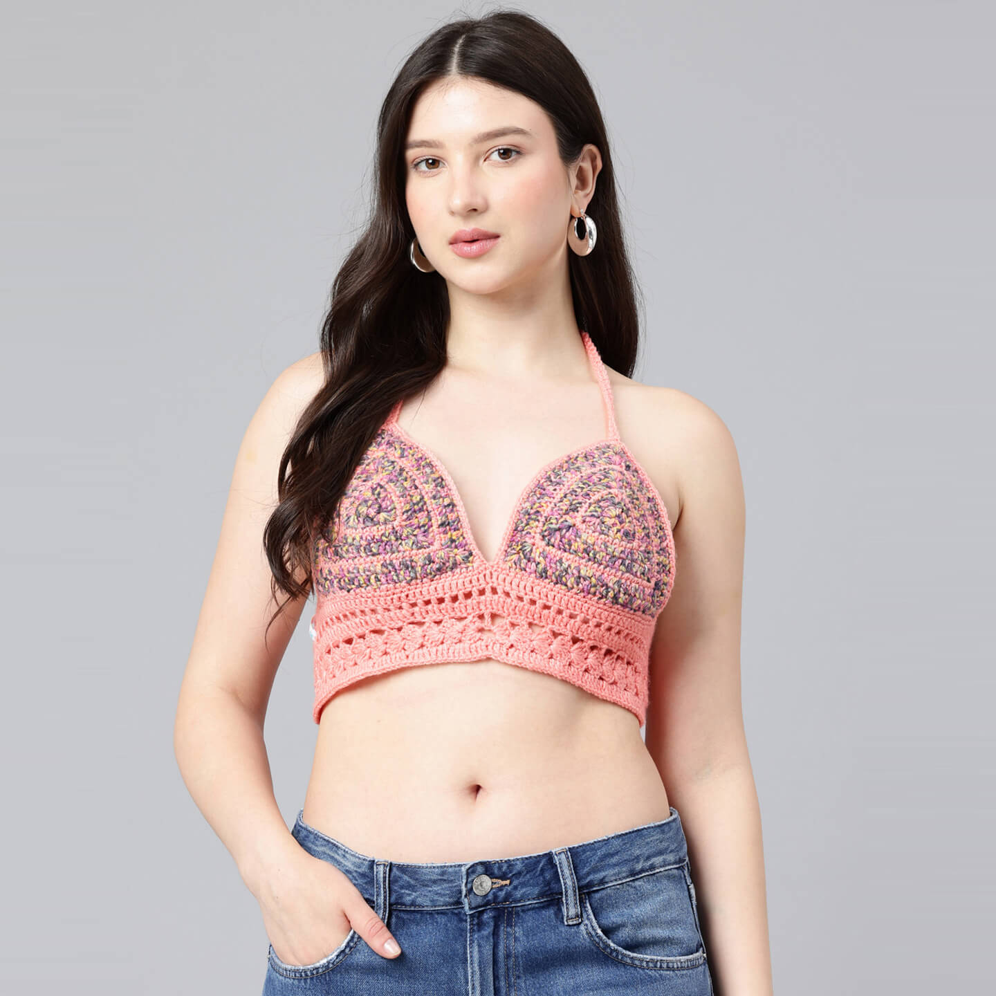 Summer Crochet Bralette Tie Back Sleeveless Top - Peach 10571