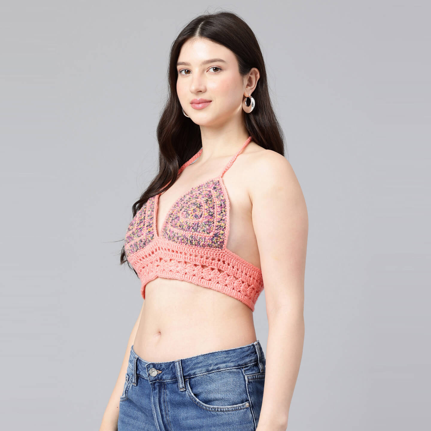 Summer Crochet Bralette Tie Back Sleeveless Top - Peach 10571