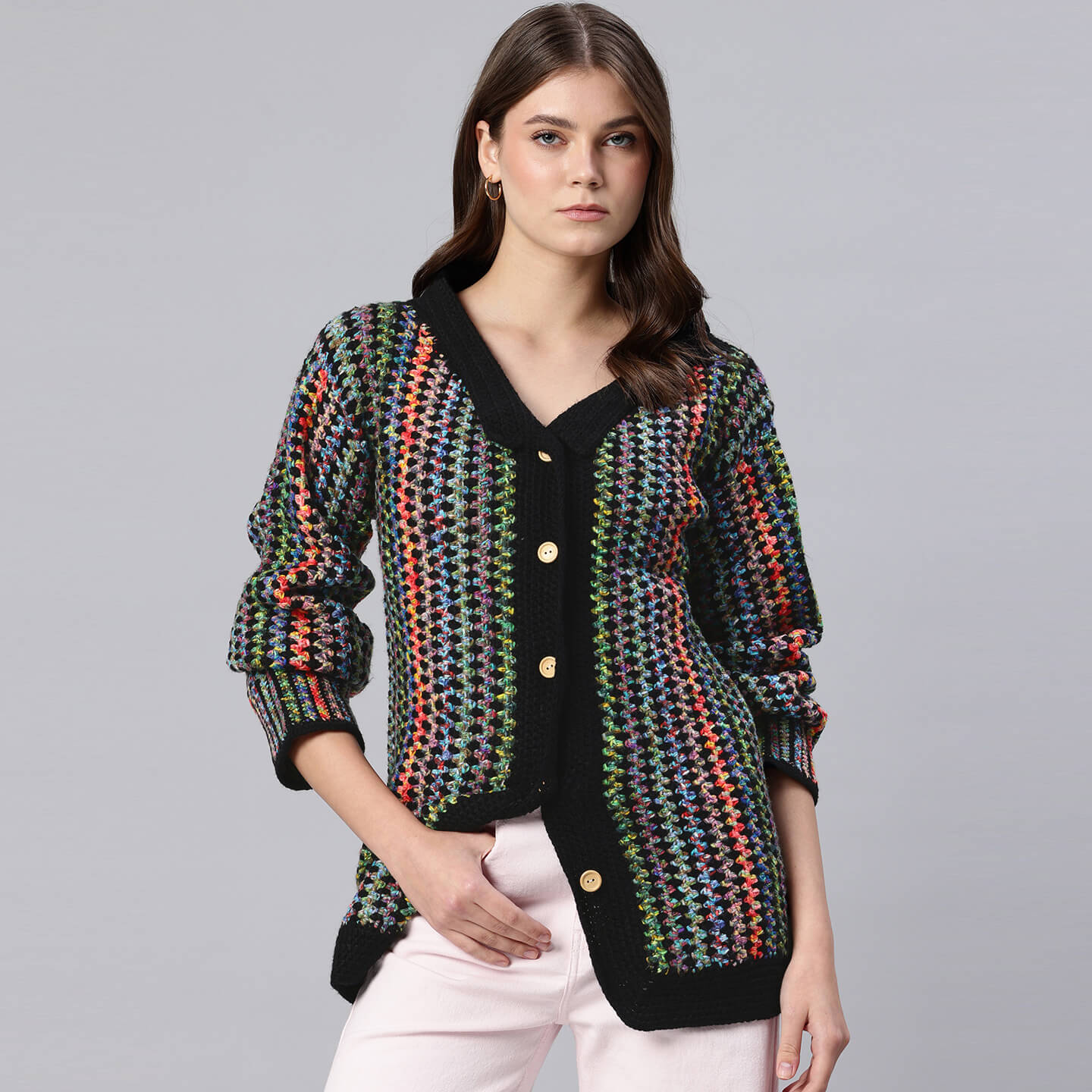 Handmade Crochet Multi Colored Long Jacket - 10608