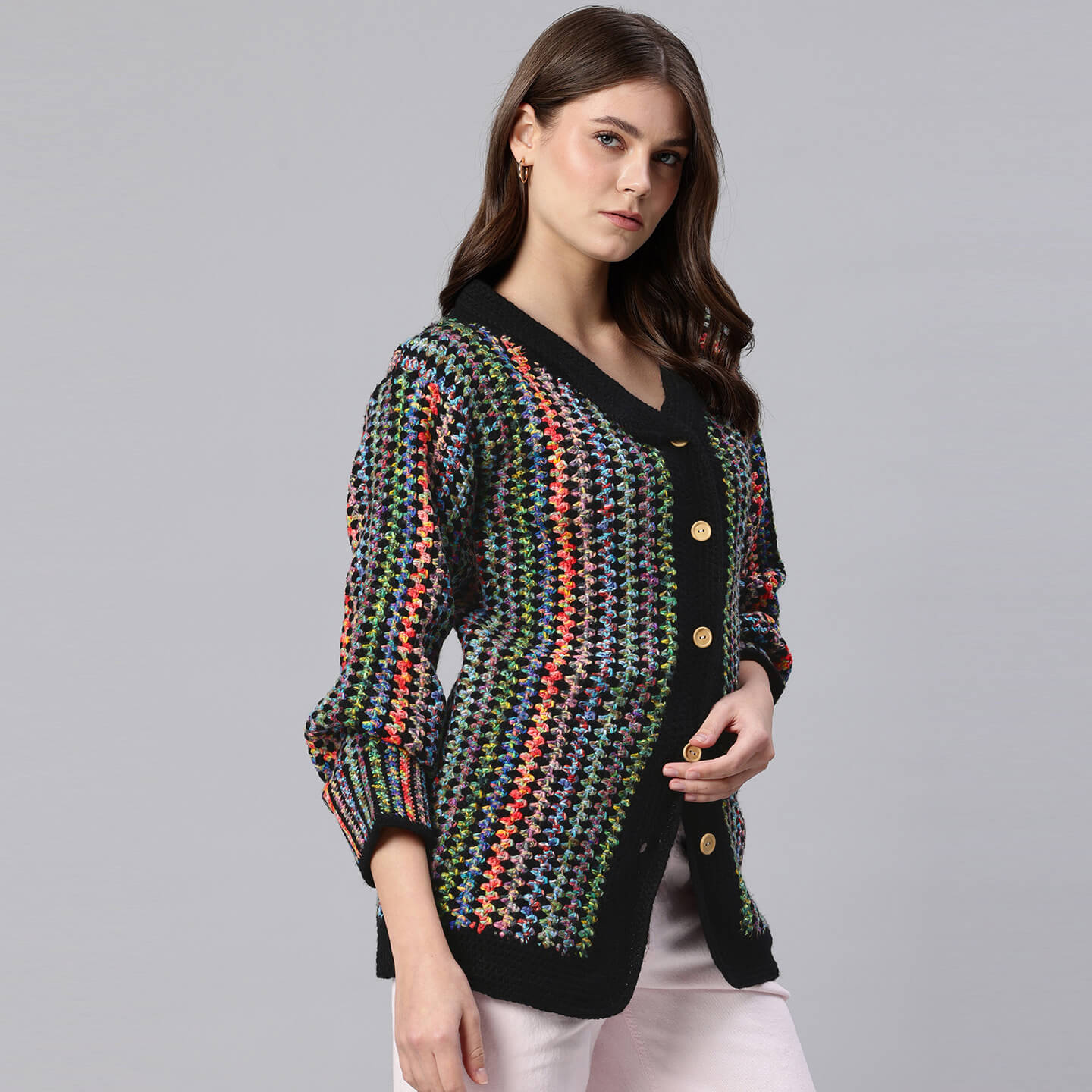 Handmade Crochet Multi Colored Long Jacket - 10608