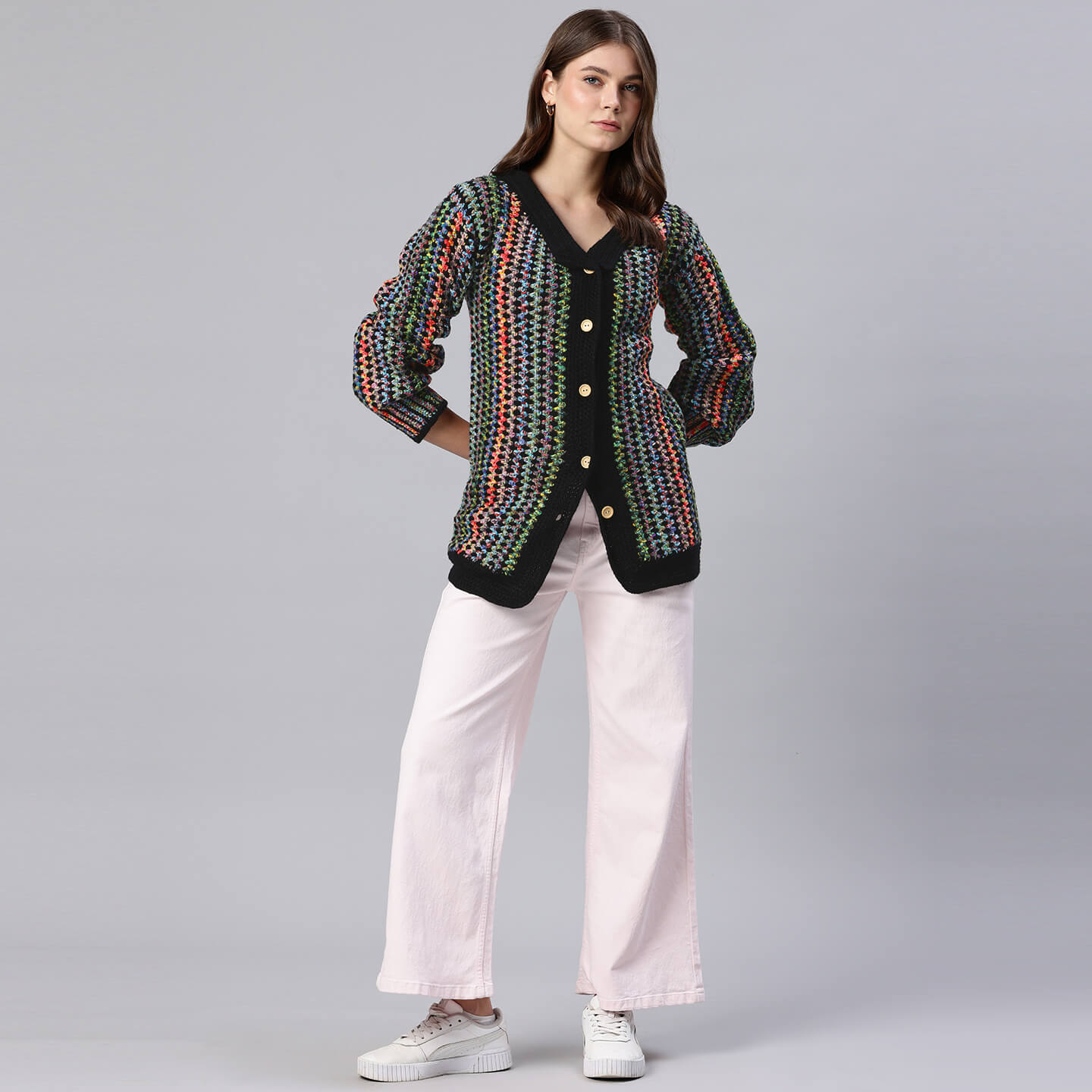 Handmade Crochet Multi Colored Long Jacket - 10608