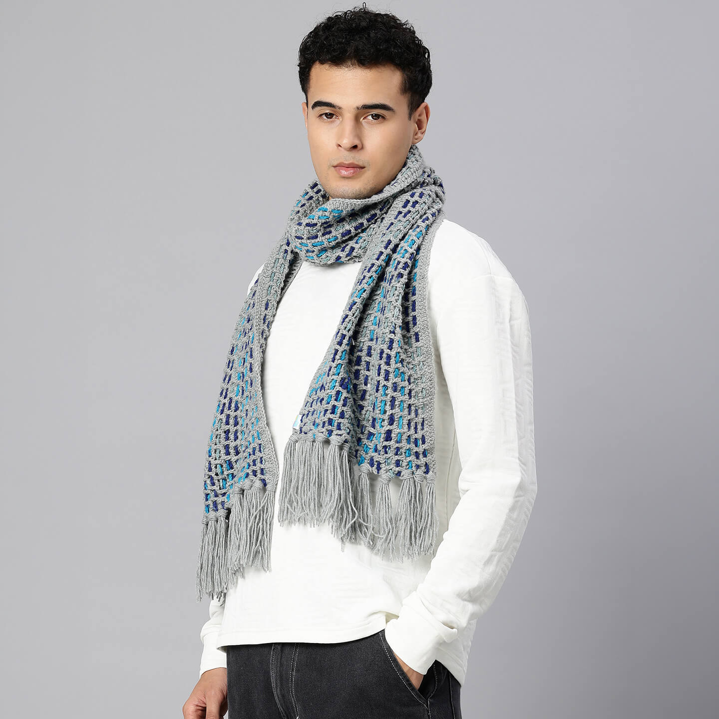 Handmade Crochet Net And Lace Scarf With Tassels - 10626