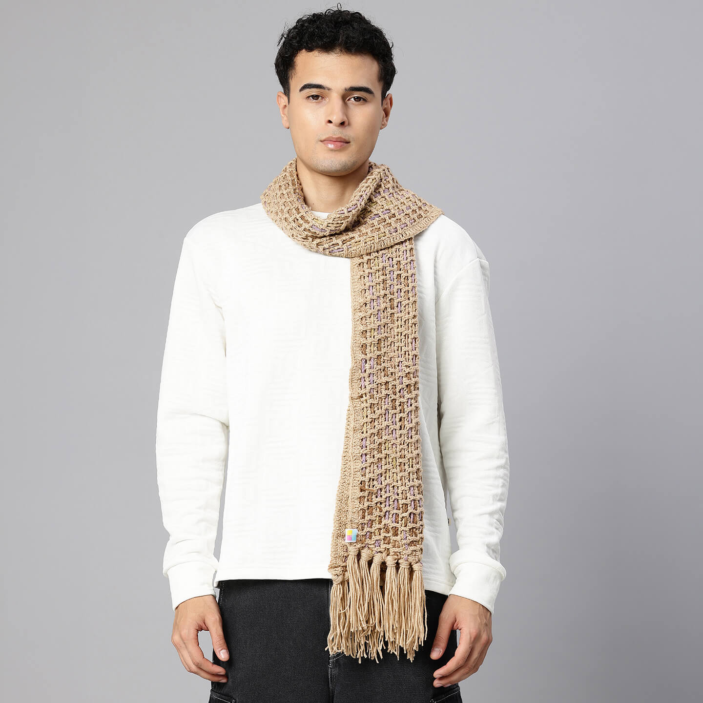 Handmade Crochet Net And Lace Scarf With Tassels - 10627