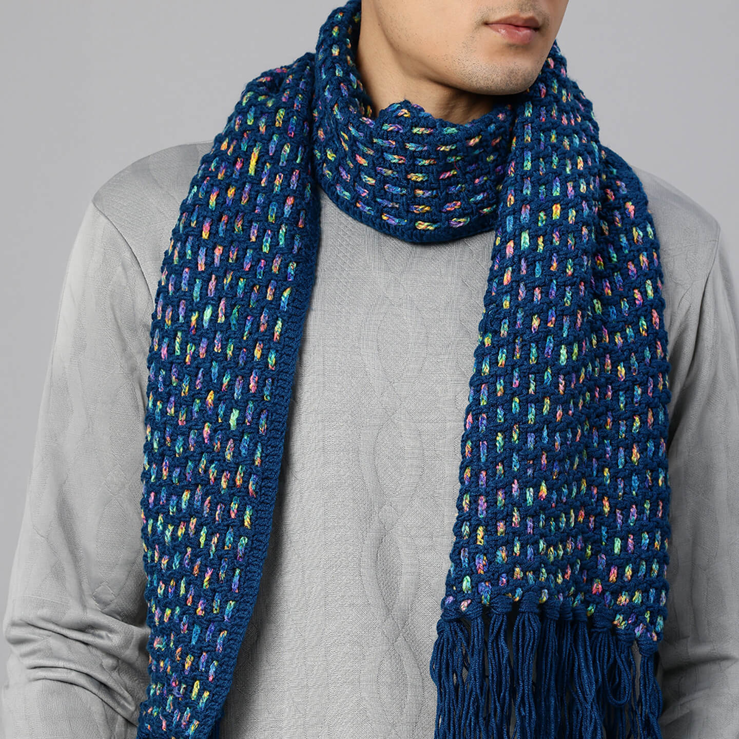 Handmade Crochet Net And Lace Scarf With Tassels - 10628