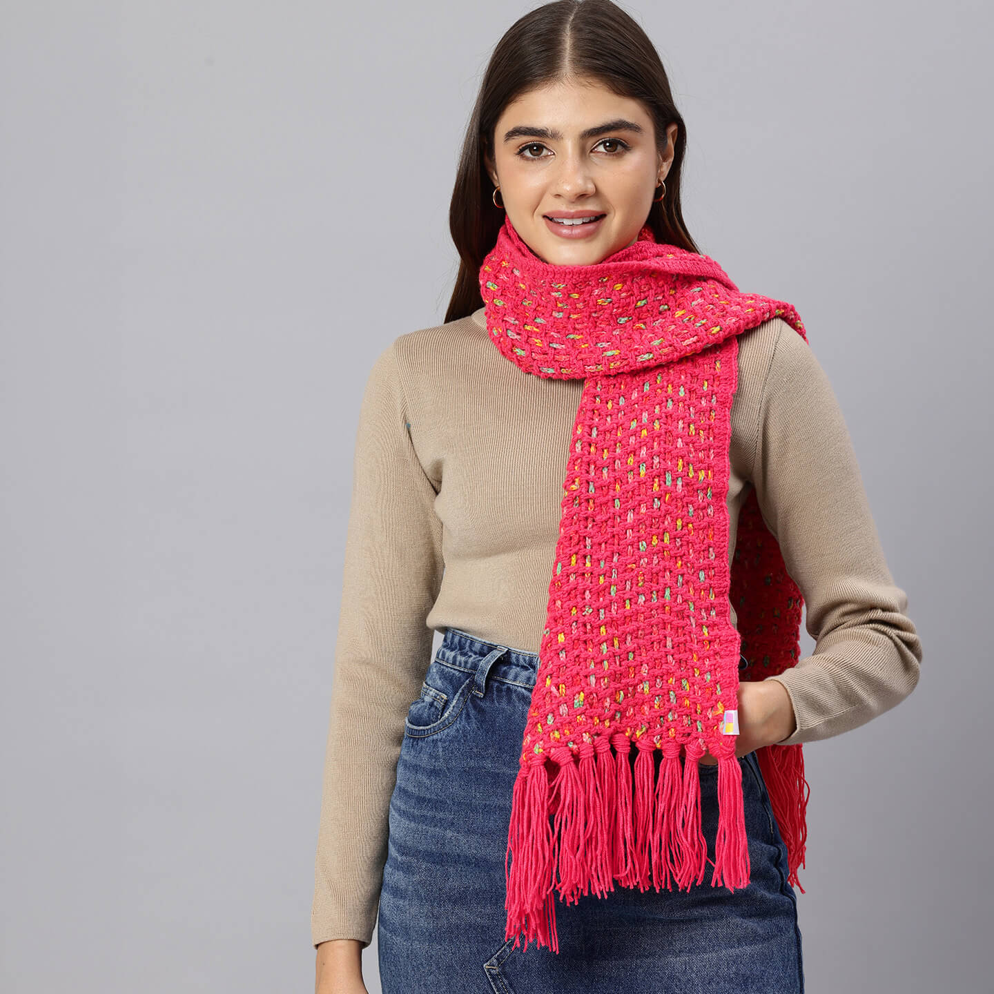 Handmade Crochet Net And Lace Scarf With Tassels - 10629