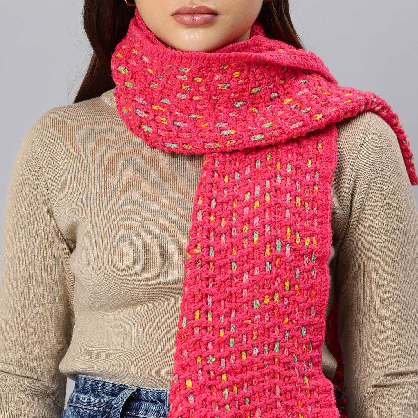 Handmade Crochet Net And Lace Scarf With Tassels - 10629