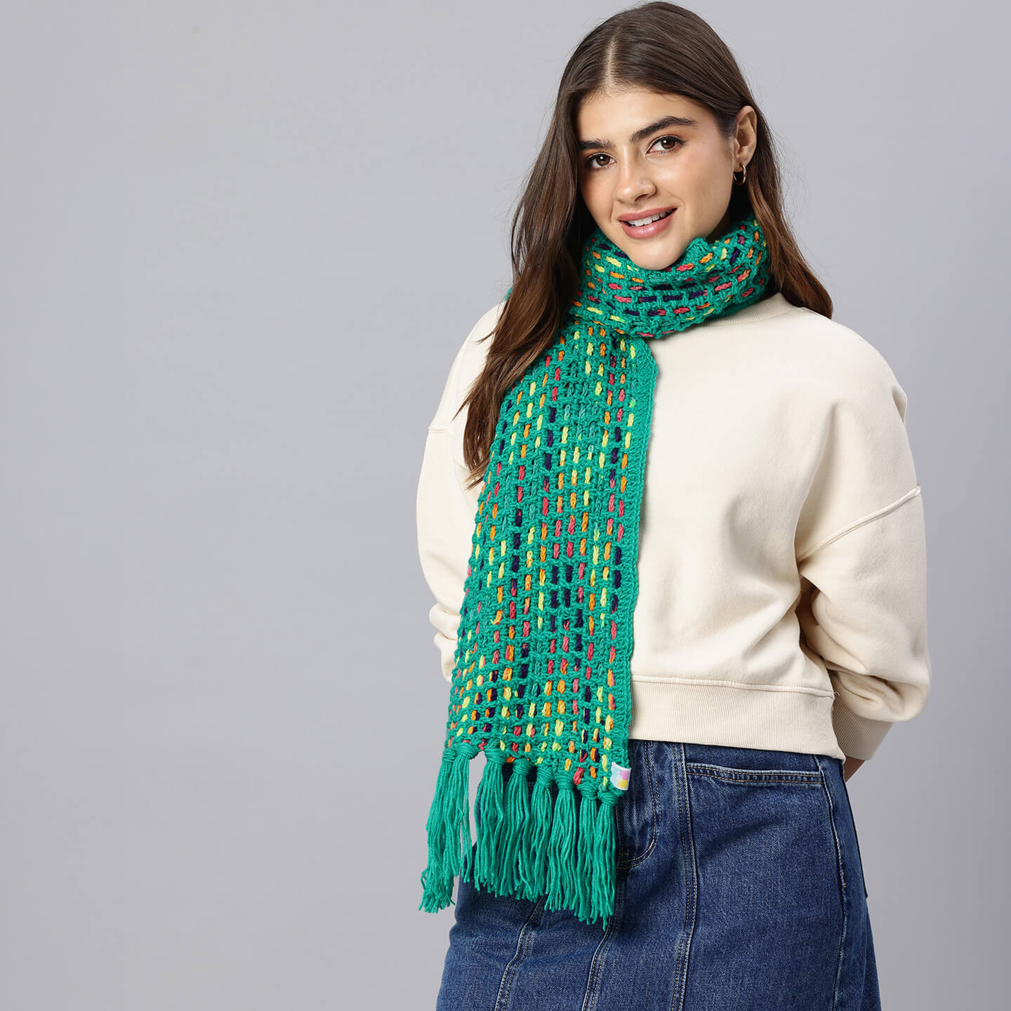 Handmade Crochet Net And Lace Scarf With Tassels - 10630