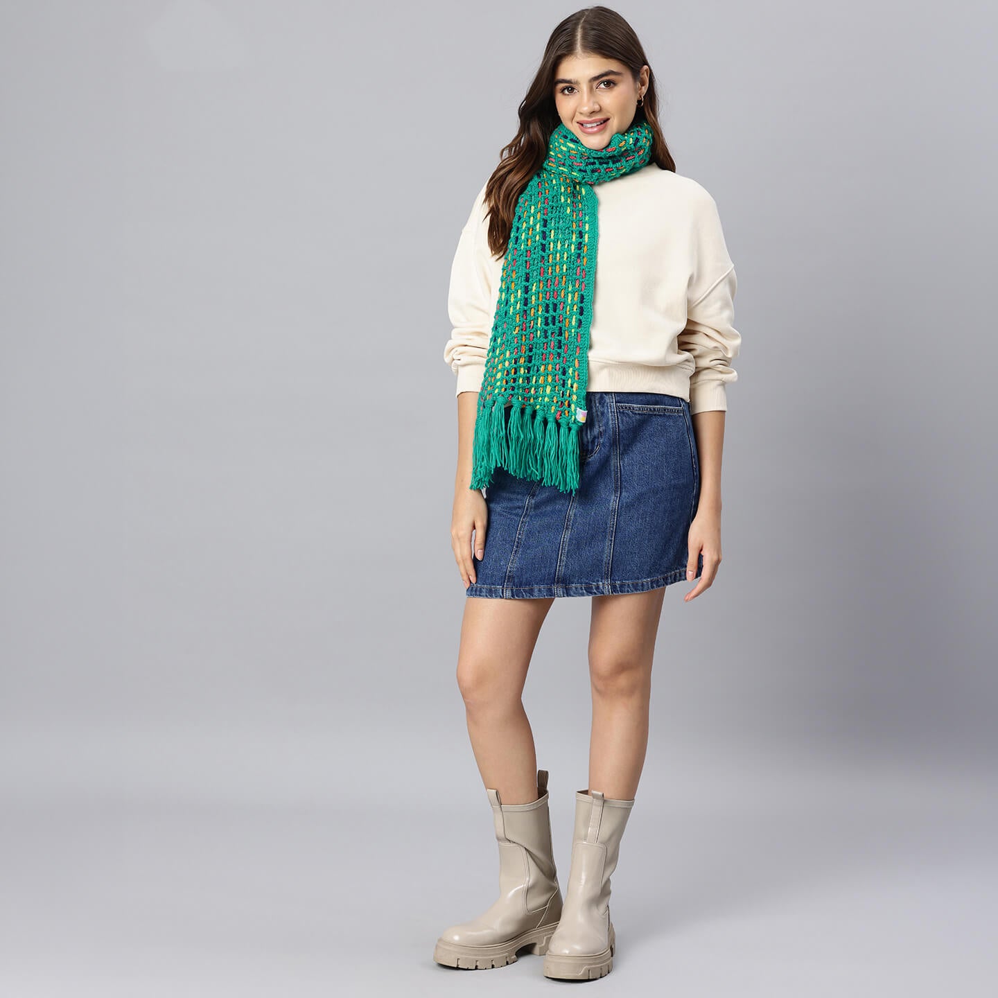 Handmade Crochet Net And Lace Scarf With Tassels - 10630