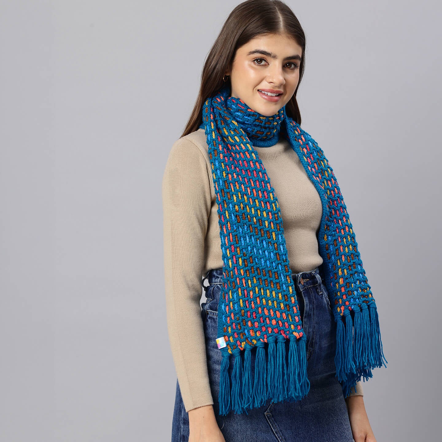 Handmade Crochet Net And Lace Scarf With Tassels - 10632