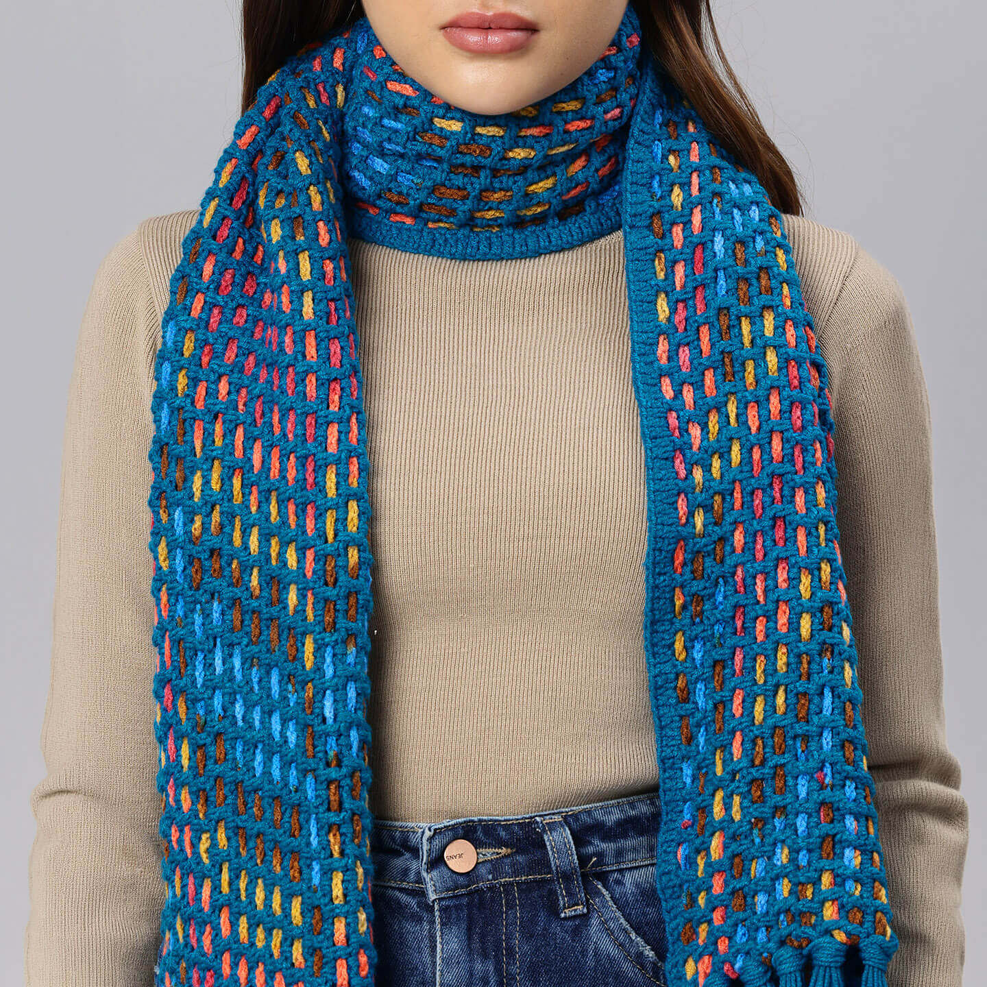 Handmade Crochet Net And Lace Scarf With Tassels - 10632