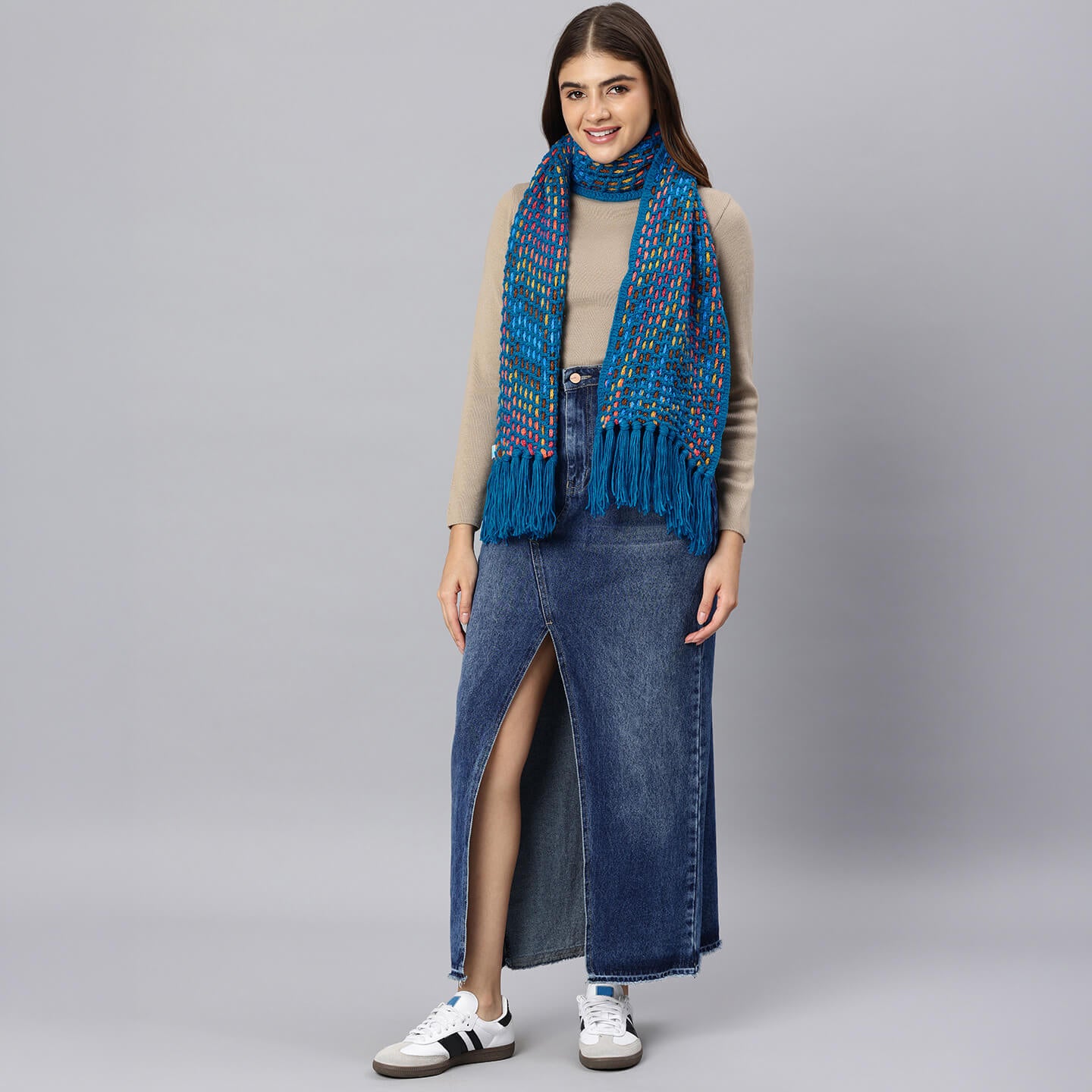 Handmade Crochet Net And Lace Scarf With Tassels - 10632