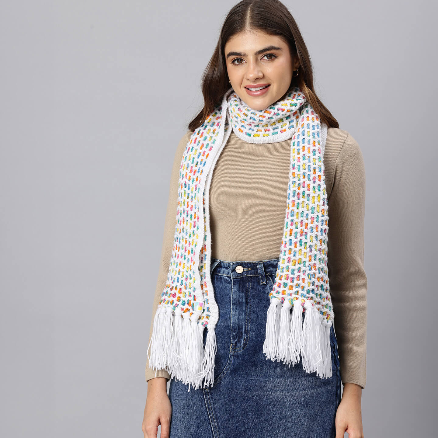 Handmade Crochet Net And Lace Scarf With Tassels - 10633