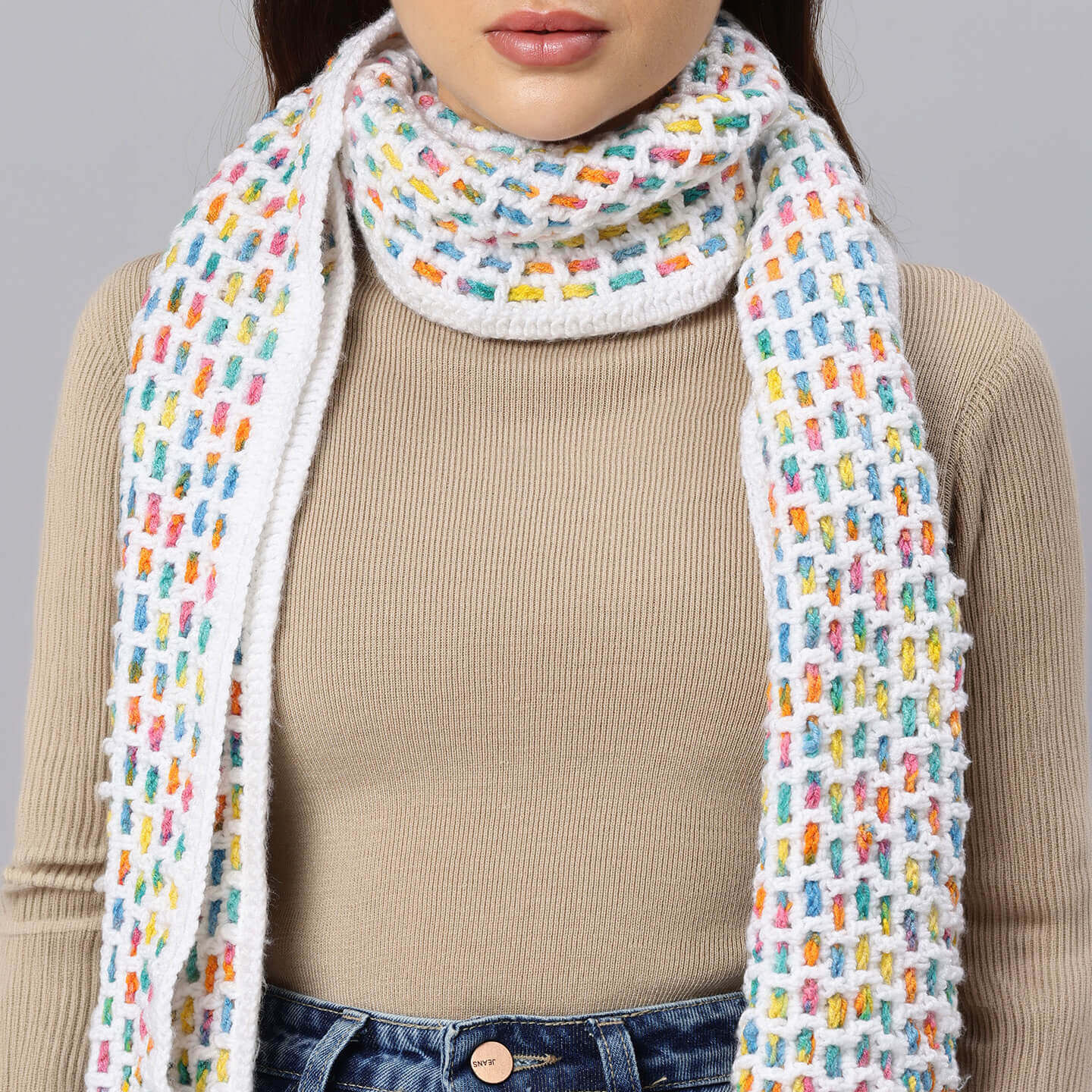 Handmade Crochet Net And Lace Scarf With Tassels - 10633