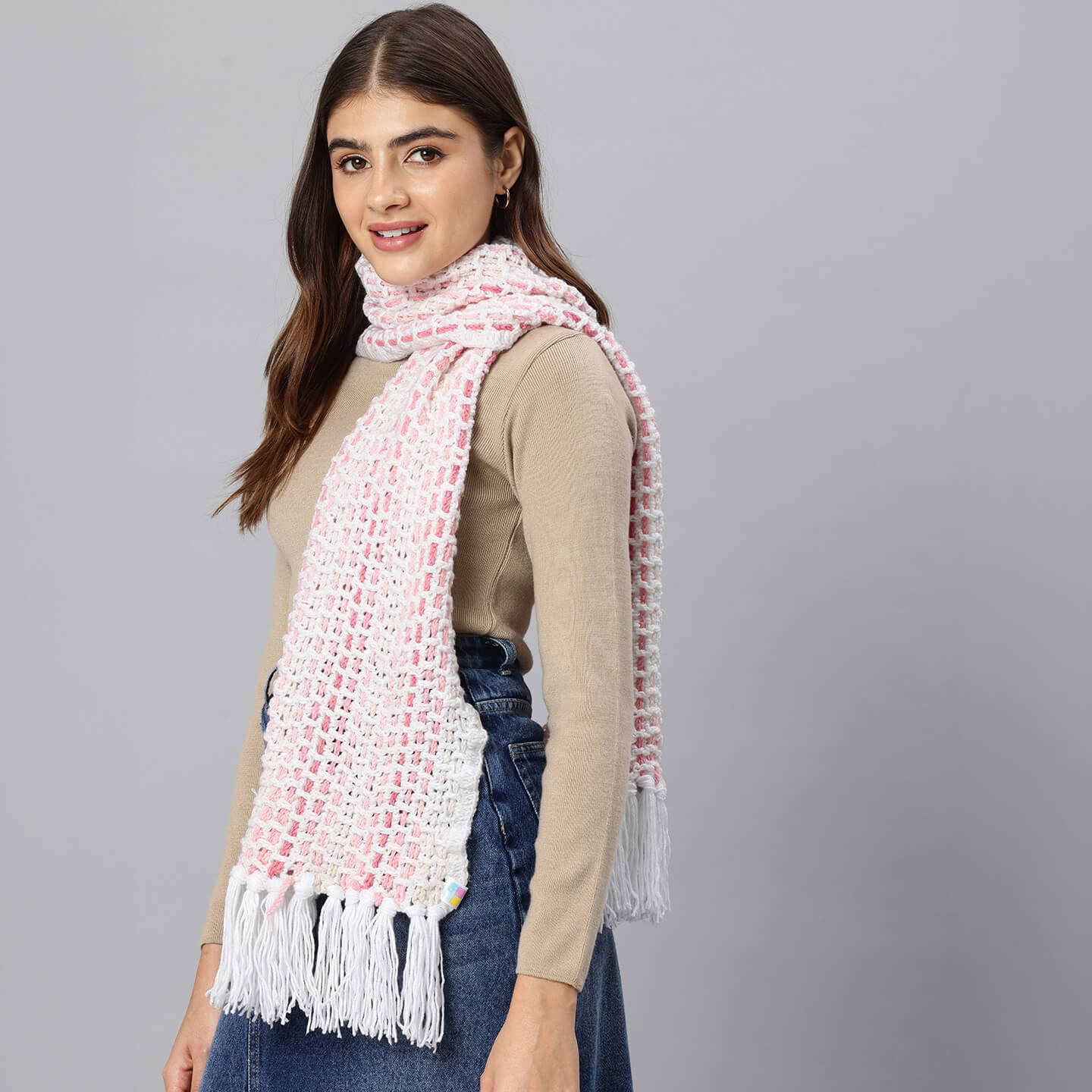 Handmade Crochet Net And Lace Scarf With Tassels - 10634