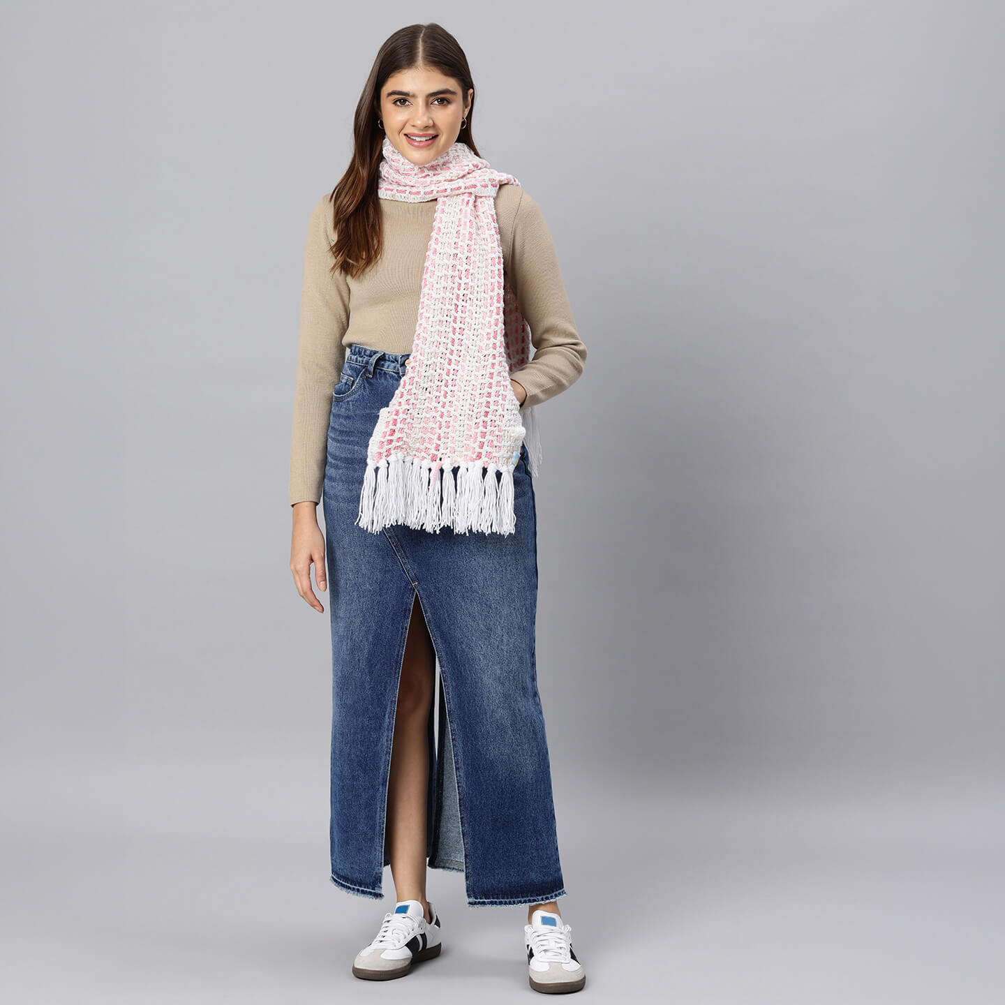 Handmade Crochet Net And Lace Scarf With Tassels - 10634