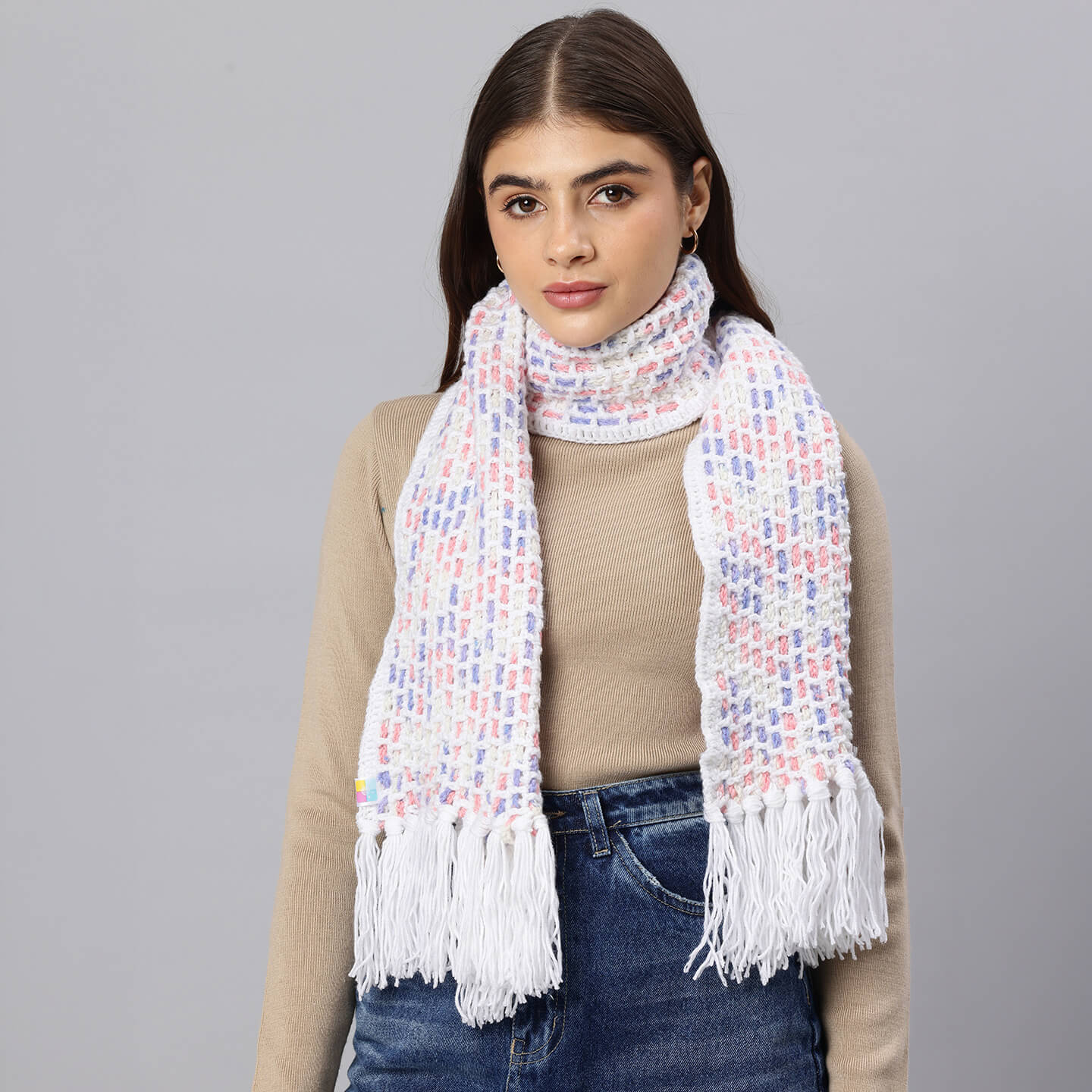 Handmade Crochet Net And Lace Scarf With Tassels - 10635