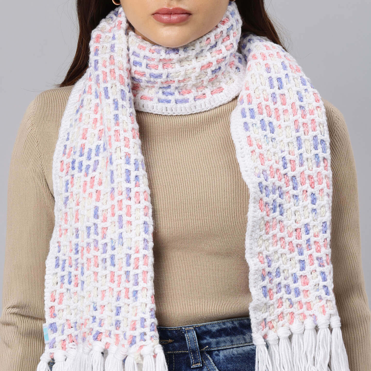 Handmade Crochet Net And Lace Scarf With Tassels - 10635