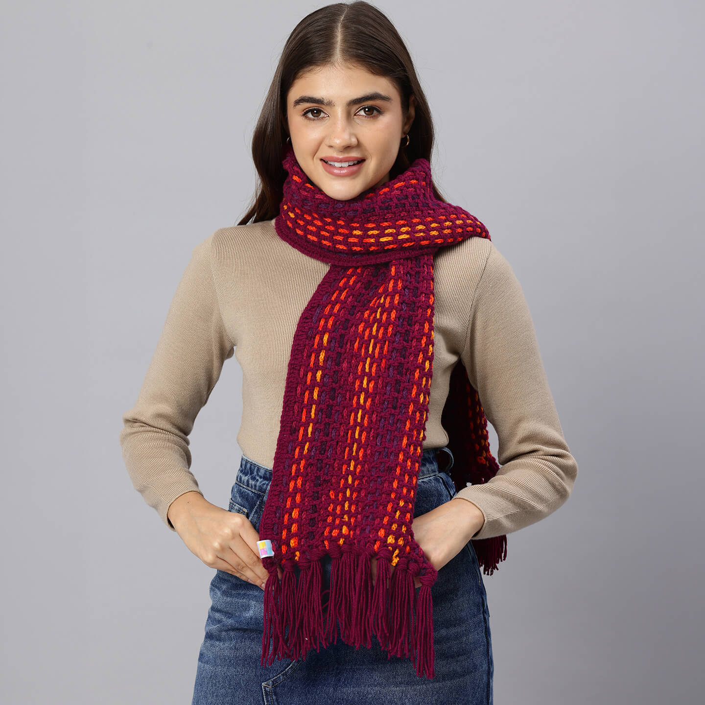 Handmade Crochet Net And Lace Scarf With Tassels - 10637