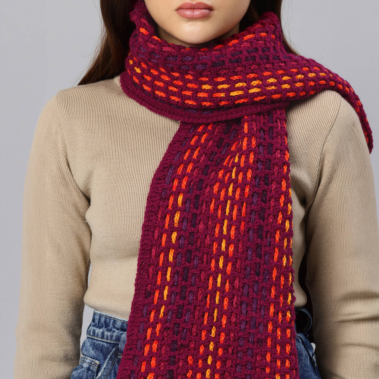 Handmade Crochet Net And Lace Scarf With Tassels - 10637
