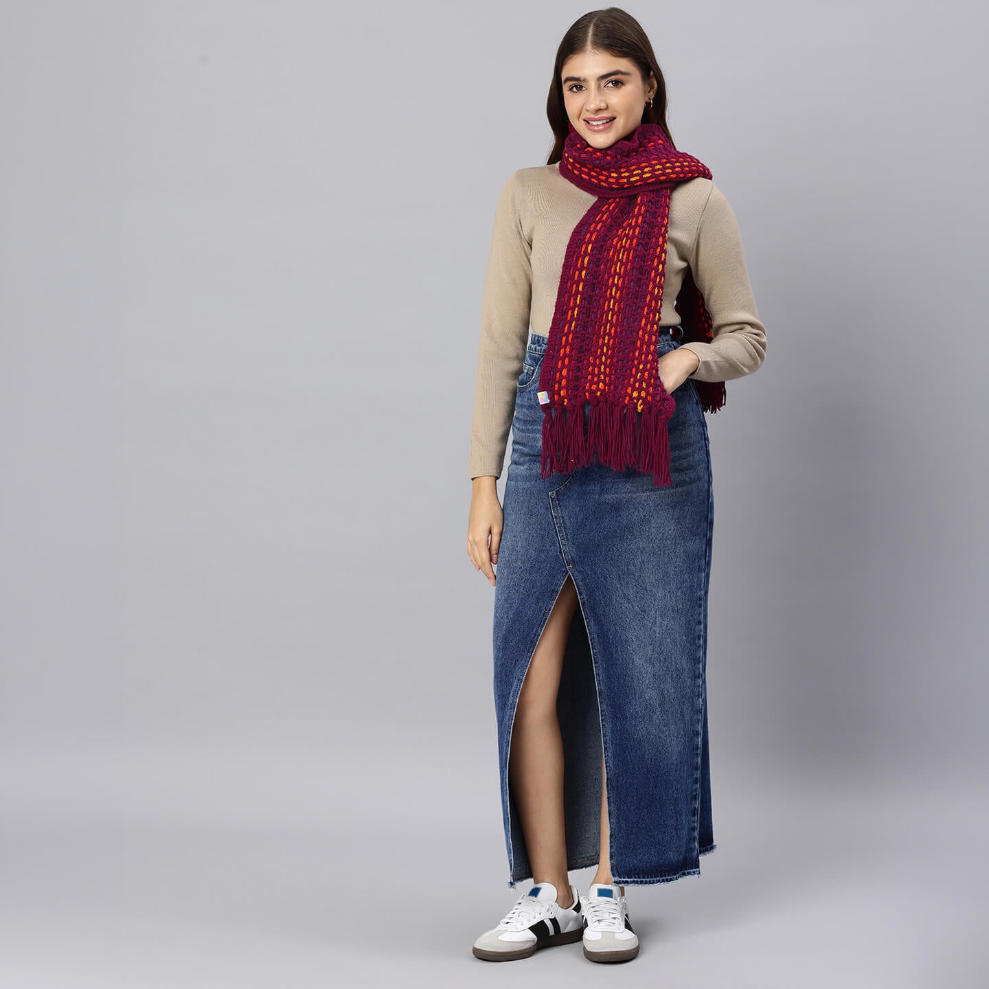 Handmade Crochet Net And Lace Scarf With Tassels - 10637