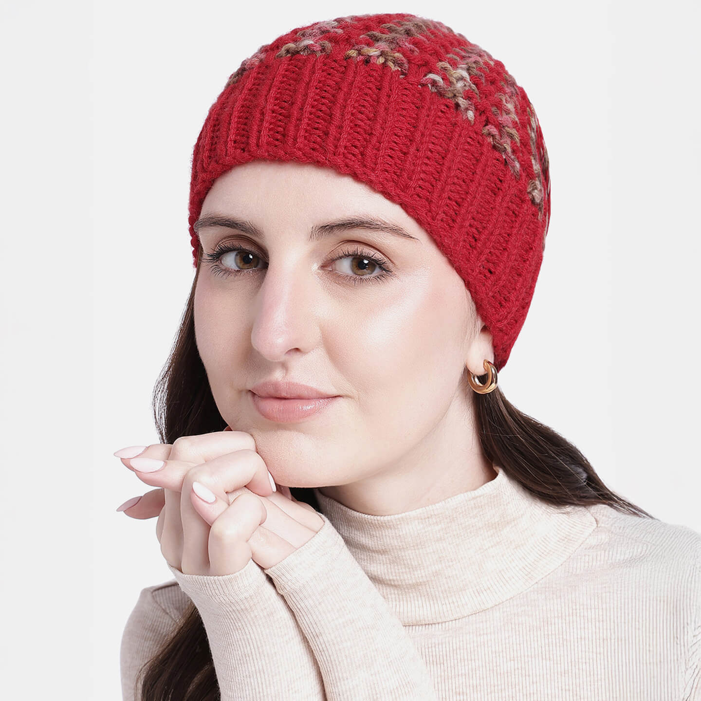 Hand Knitted Woolen Self-Design Beanie - Red 10641