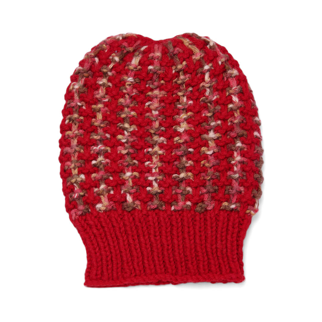Hand Knitted Woolen Self-Design Beanie - Red 10641