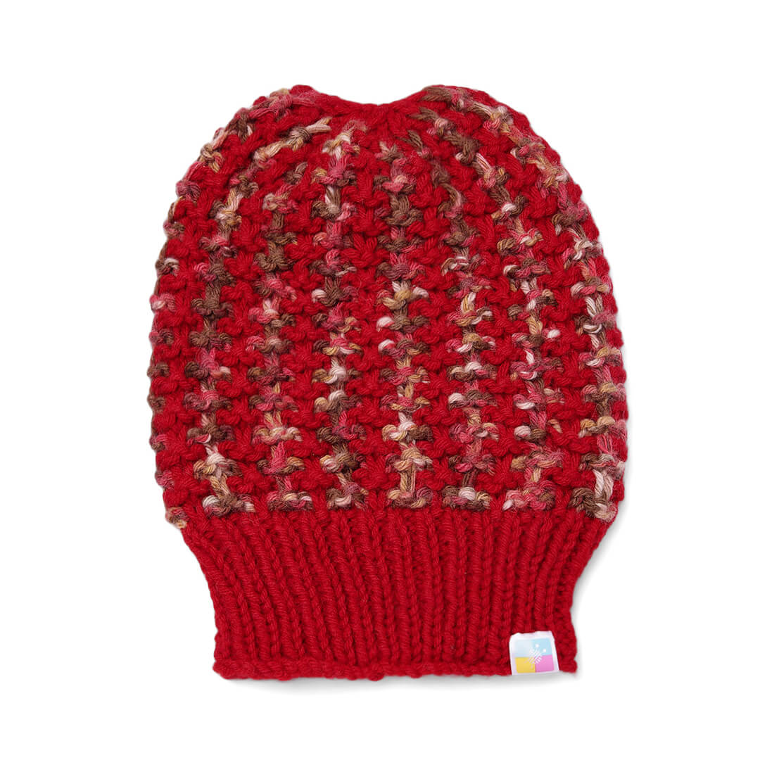 Hand Knitted Woolen Self-Design Beanie - Red 10641
