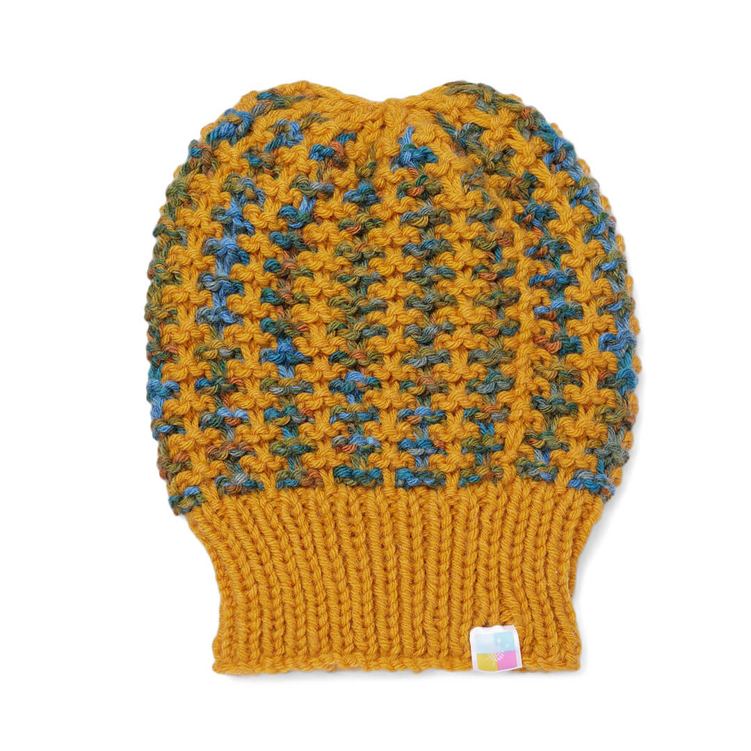 Hand Knitted Woolen Self-Design Beanie - Yellow 10642