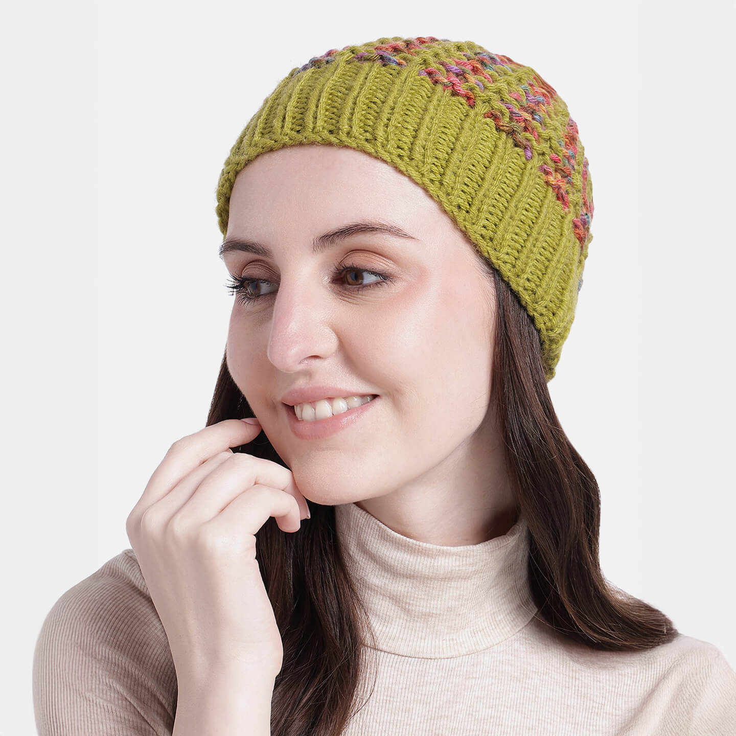 Hand Knitted Woolen Self-Design Beanie - Olive Green 10643