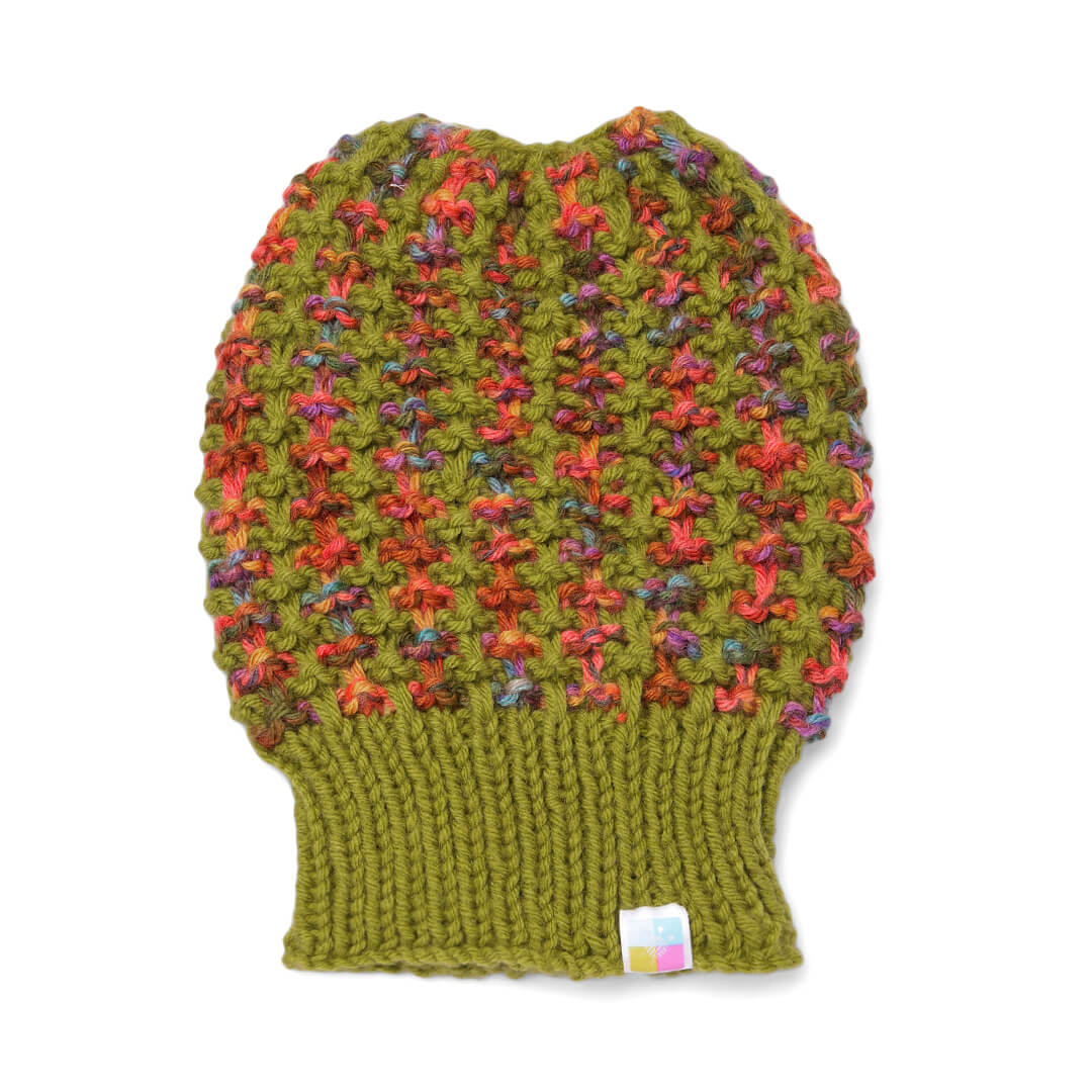 Hand Knitted Woolen Self-Design Beanie - Olive Green 10643