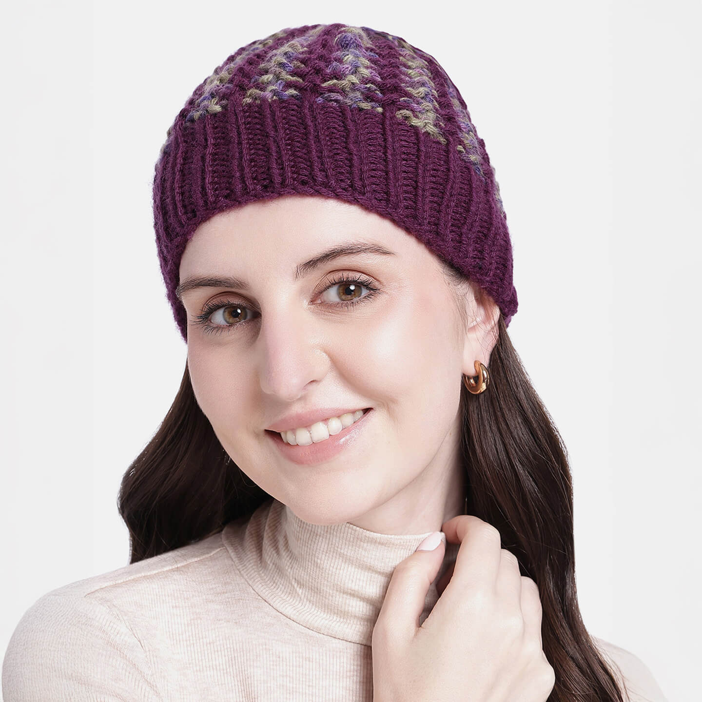 Hand Knitted Woolen Self-Design Beanie - Violet 10644