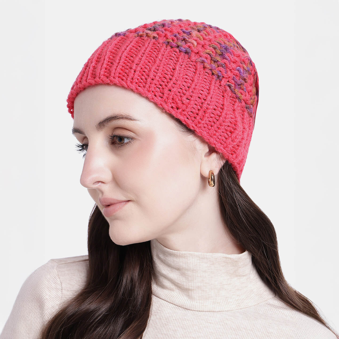 Hand Knitted Woolen Self-Design Beanie - Fuchsia 10645