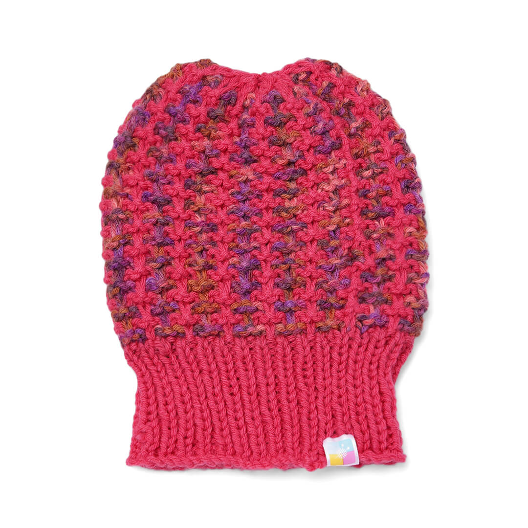 Hand Knitted Woolen Self-Design Beanie - Fuchsia 10645