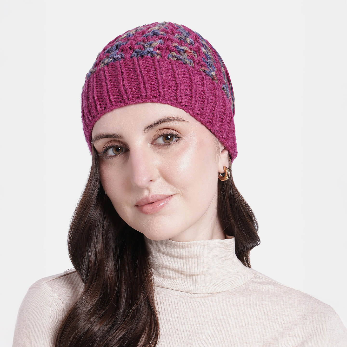 Hand Knitted Woolen Self-Design Beanie - Magenta 10646