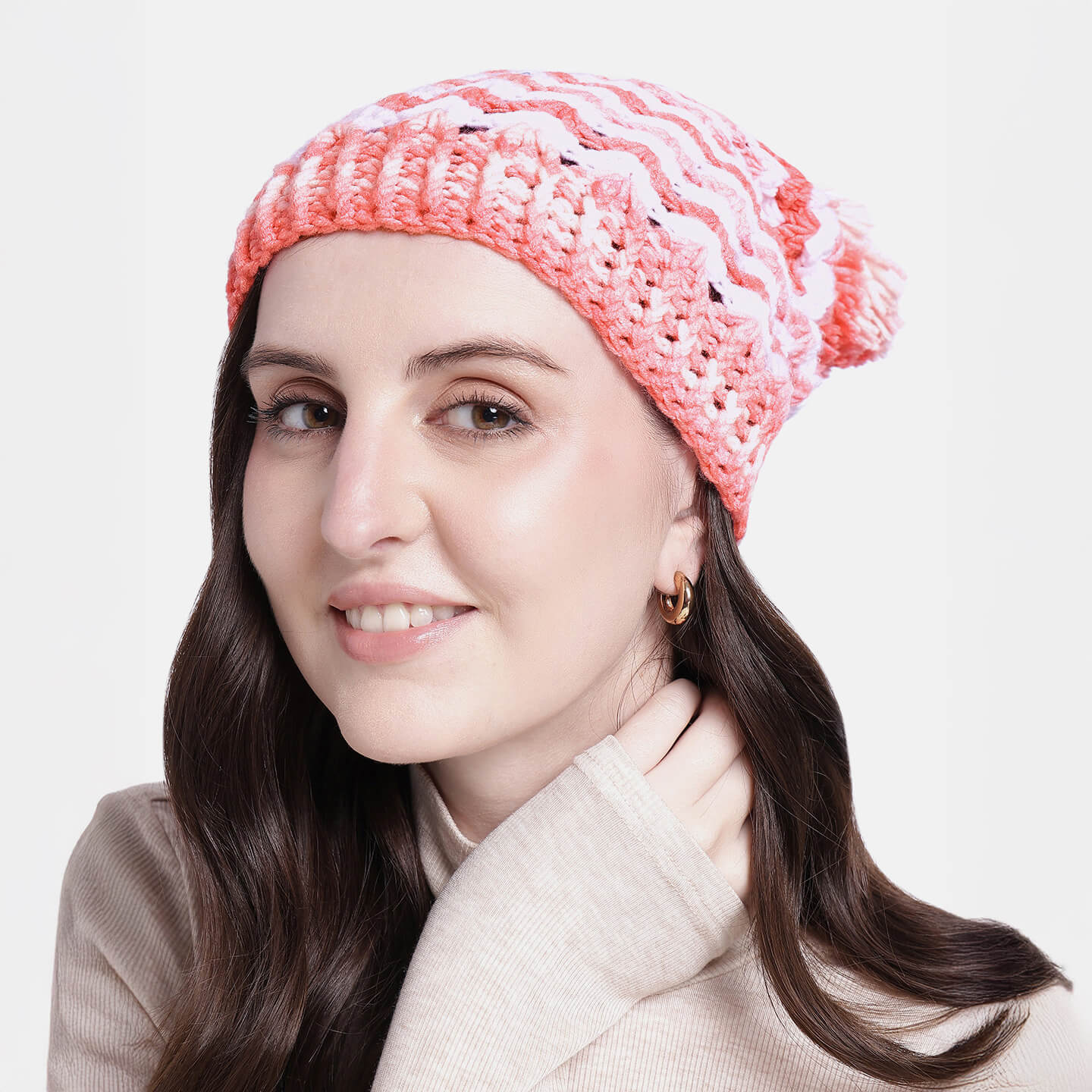 Handmade Crochet Beanie With Pompom - Multi Color 10647