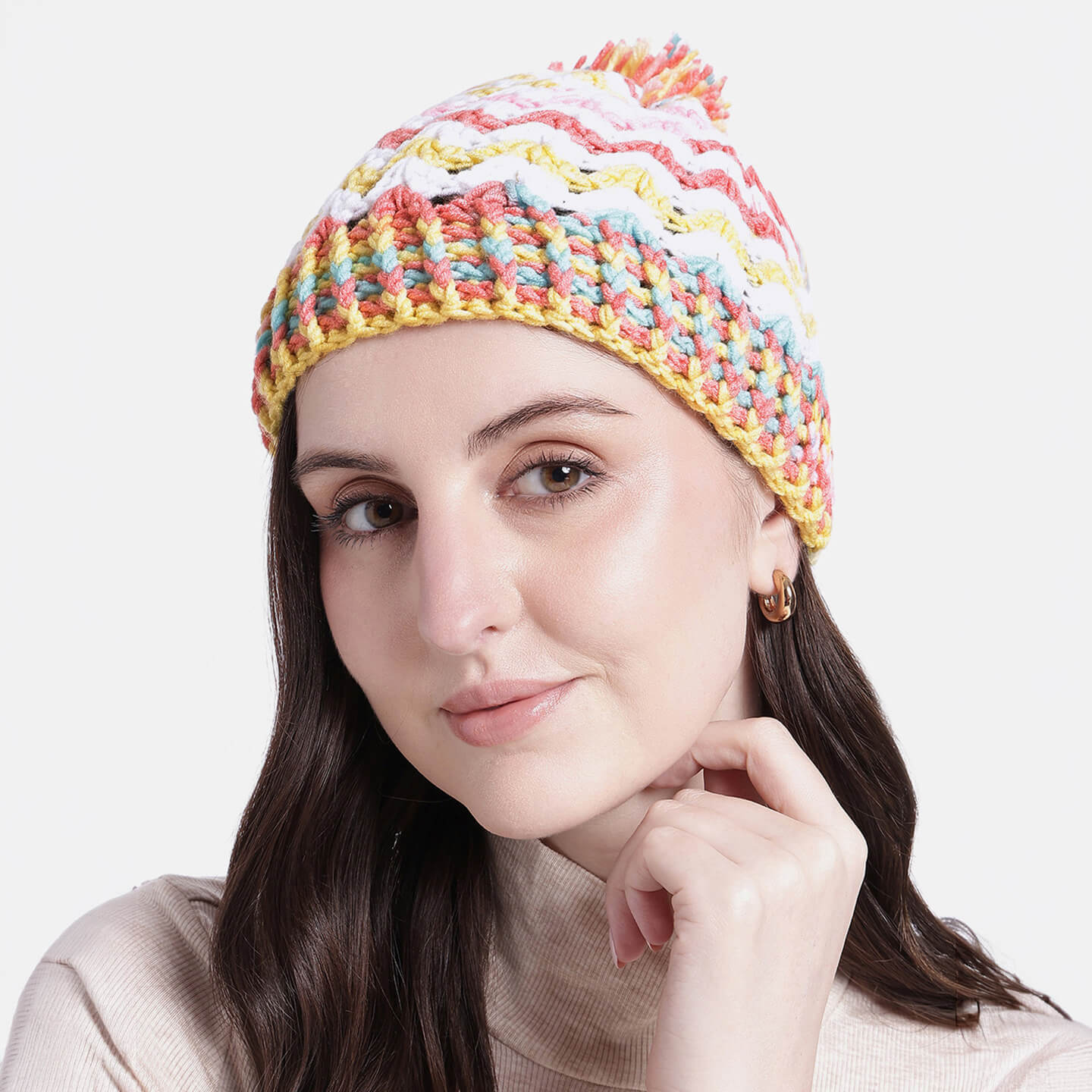 Handmade Crochet Beanie With Pompom - Multi Color 10648