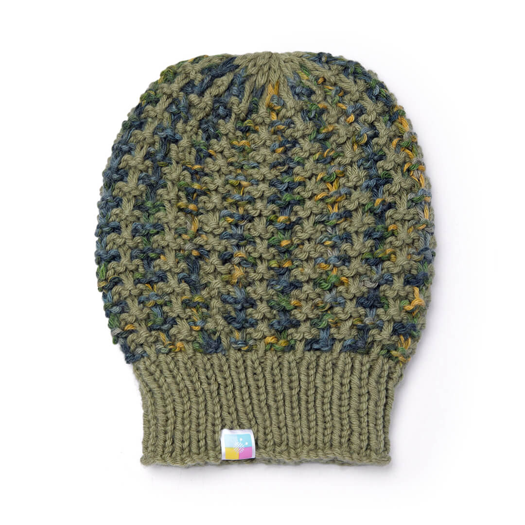 Hand Knitted Woolen Self-Design Beanie - Greenish Grey 10649