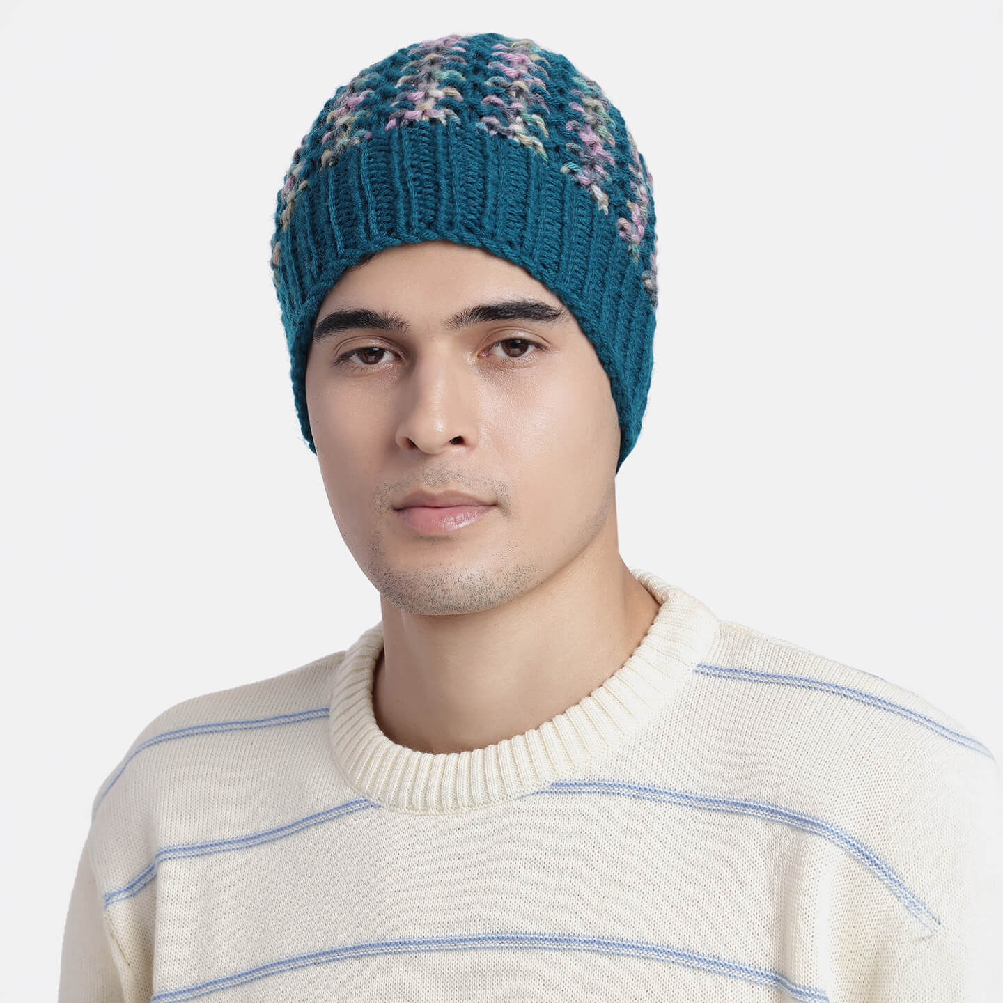 Hand Knitted Woolen Self-Design Beanie - Waterfall 10651