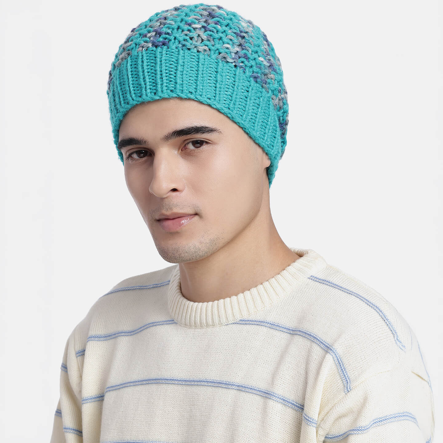 Hand Knitted Woolen Self-Design Beanie - Teal 10652