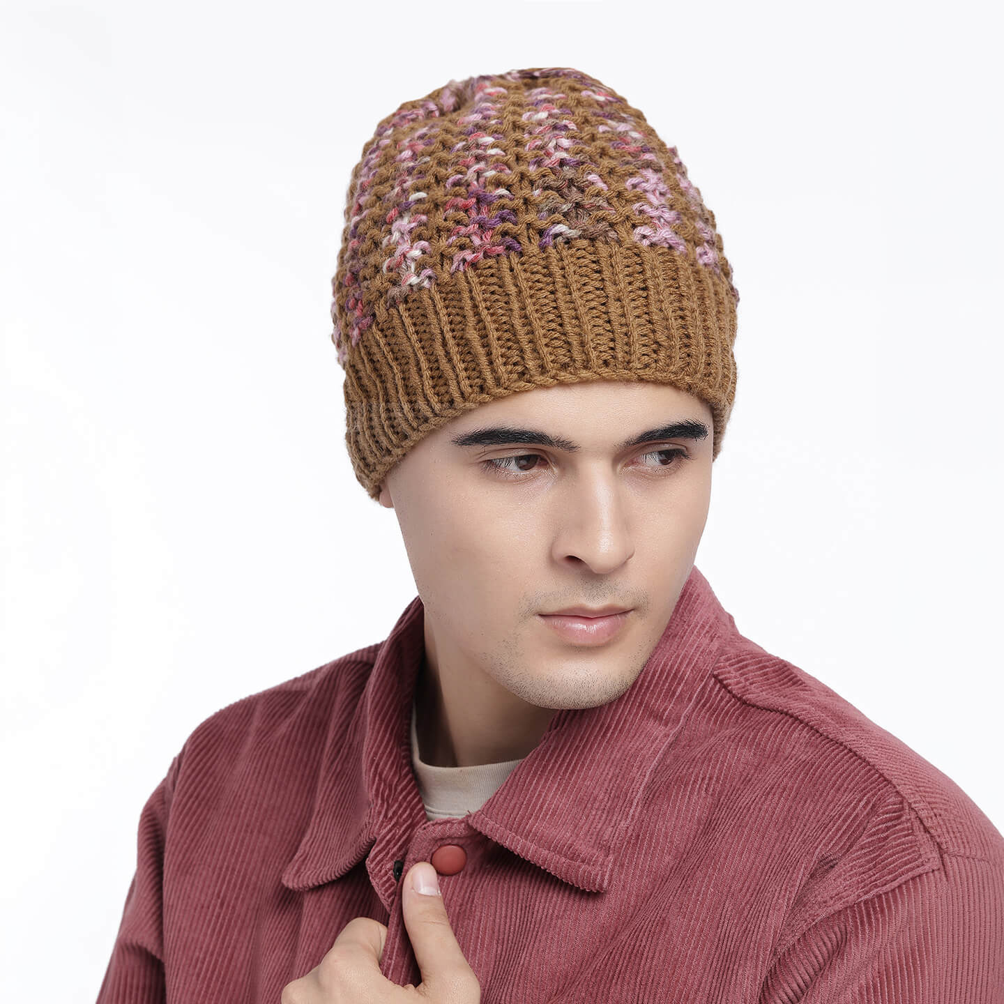 Hand Knitted Woolen Self-Design Beanie - Brown 10653