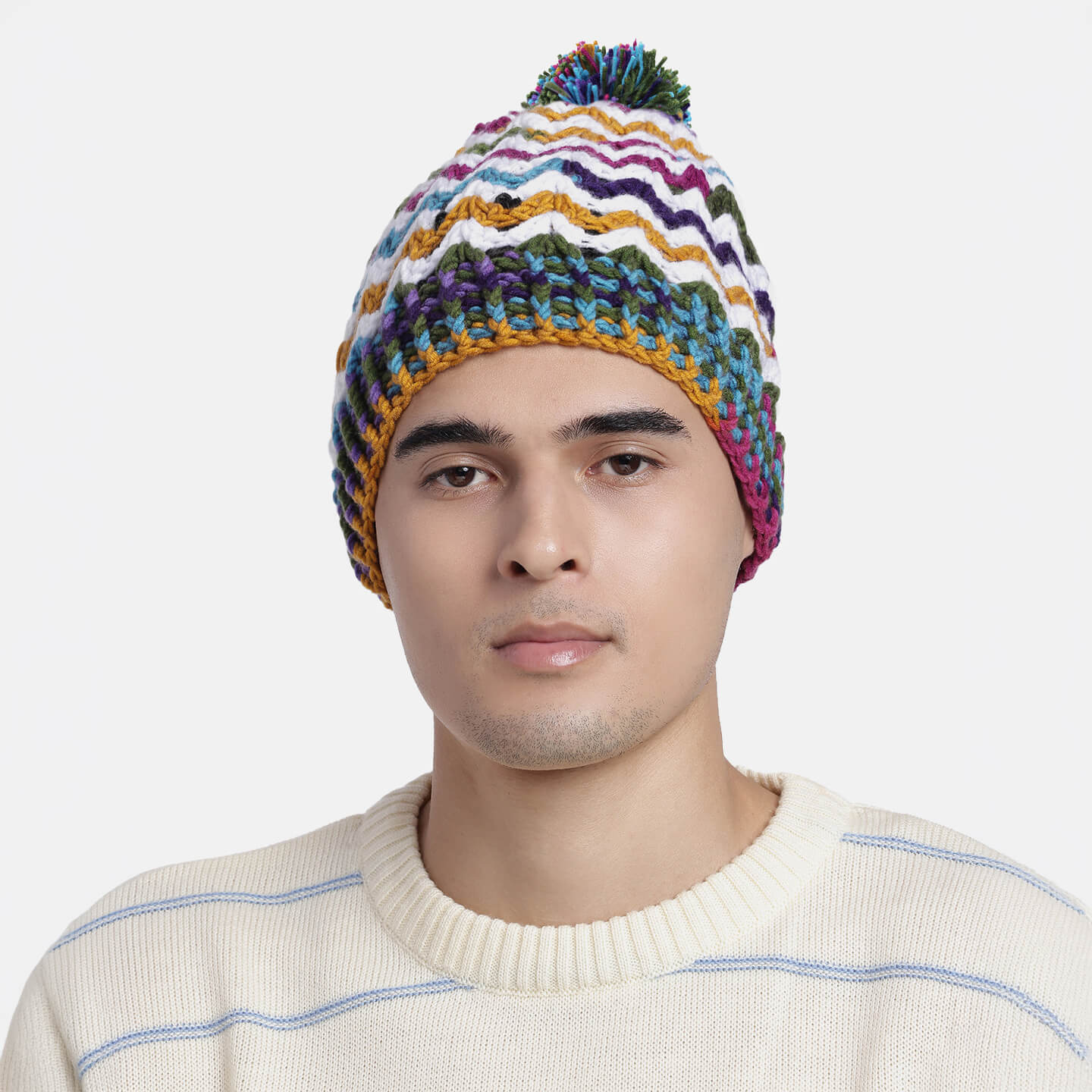 Handmade Crochet Beanie With Pompom - Multi Color 10654