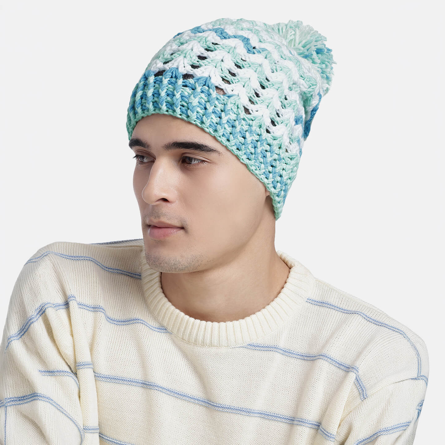 Handmade Crochet Beanie With Pompom - Multi Color 10655