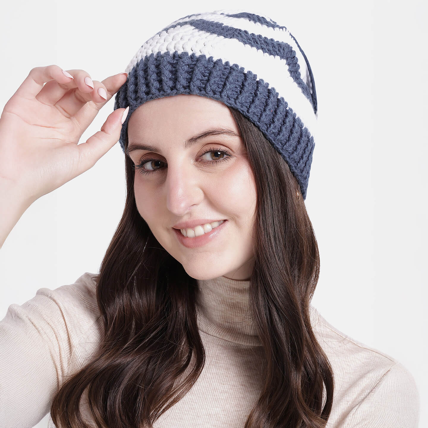 Handmade Crochet Zig zag Beanie - Storm Blue 10657