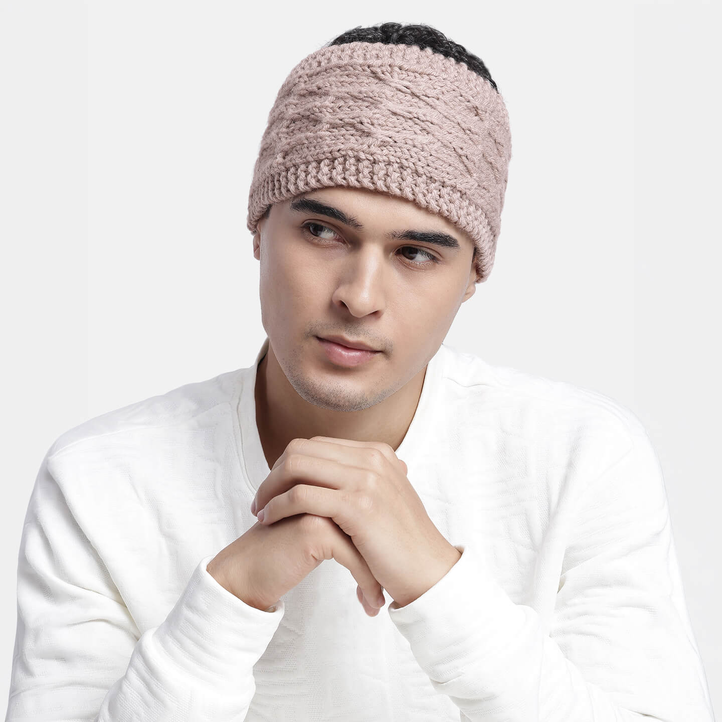 Hand Knitted Woolen Designer Headband - Beige 10672
