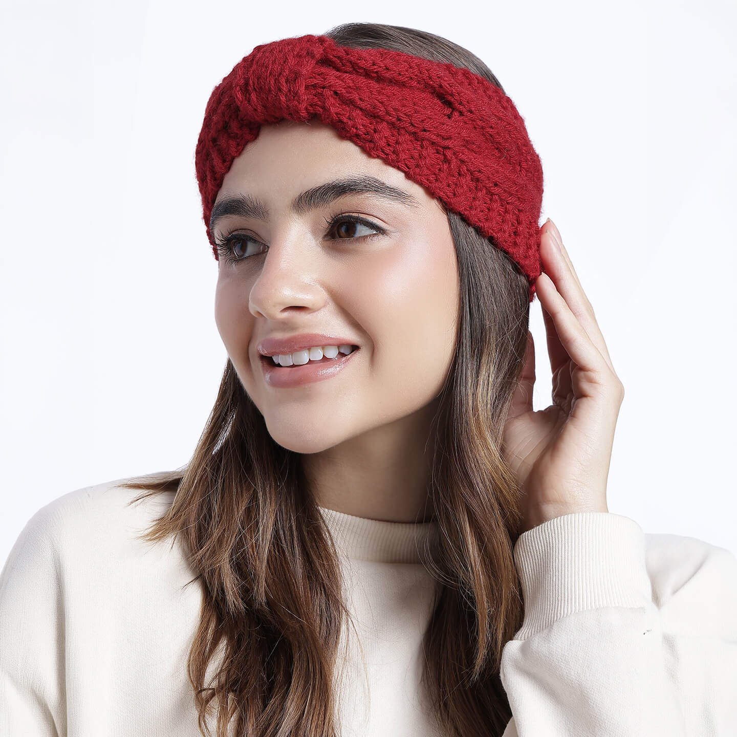 Hand Knitted Woolen Designer Headband - Red 10674