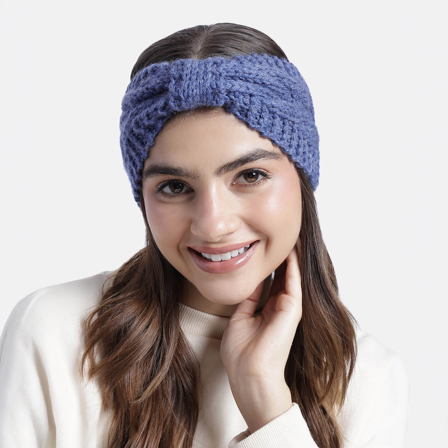 Hand Knitted Woolen Designer Headband - Denim Blue 10677