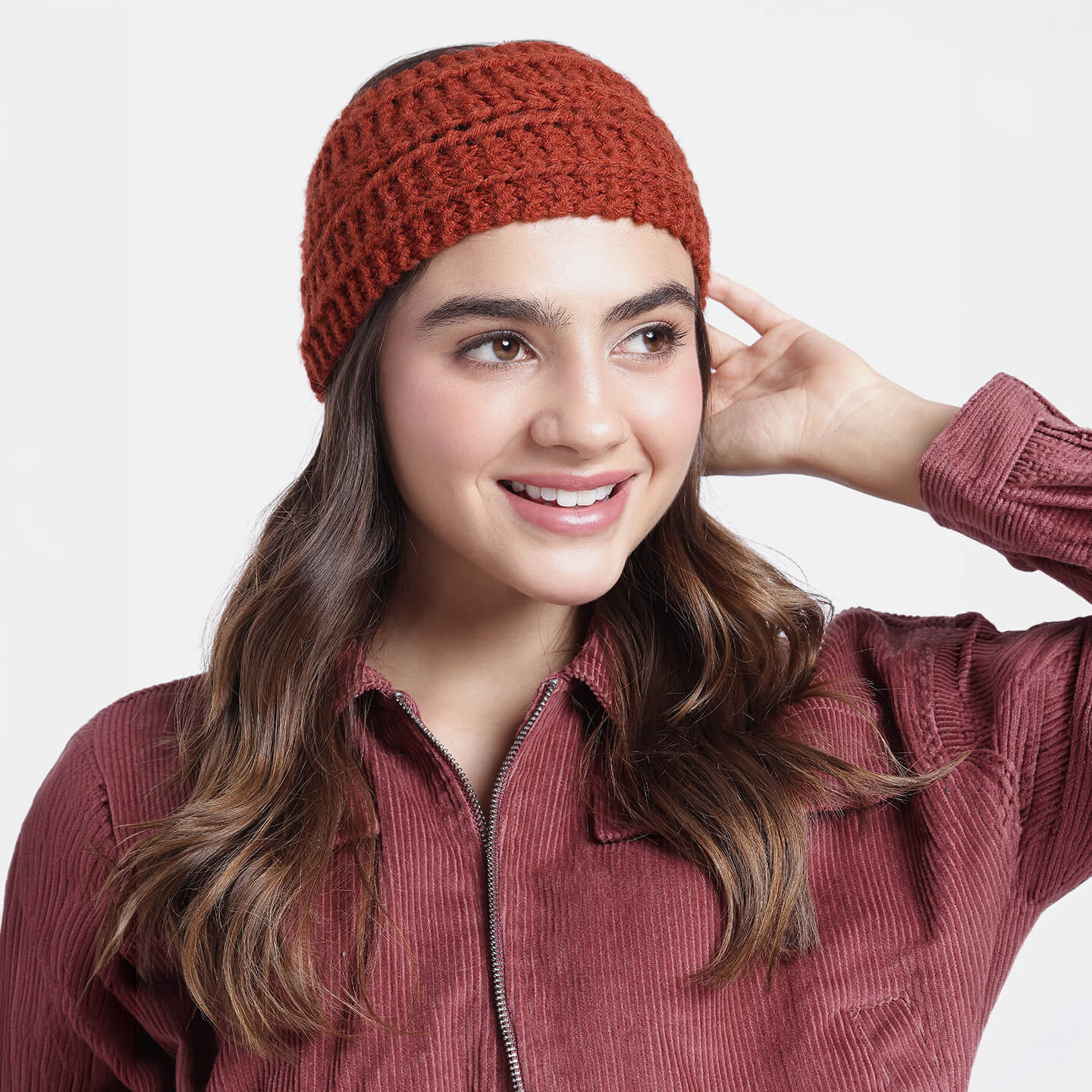Hand Knitted Woolen Designer Headband - Brick Red 10680